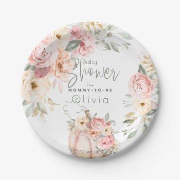Baby Shower | Blush Coral Pumpkin Peony Floral Paper Plates