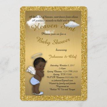 Baby Shower Boy, Afro American,Baby Angel,Gold Invitation