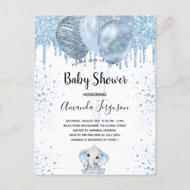 Baby Shower boy blue glitter elephant balloons Invitation Postcard