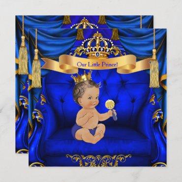 Baby Shower Boy Prince Royal Blue Gold Brunette Invitation