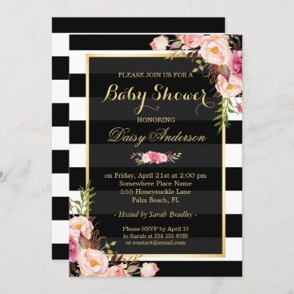 Baby Shower Classy Floral Gold Black White Stripes Invitation