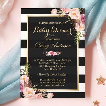 Baby Shower Classy Floral Gold Black White Stripes
