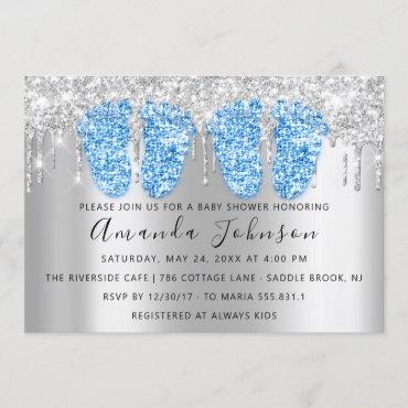 Baby Shower Drips Silver Gray Feet Twins Boys Invitation