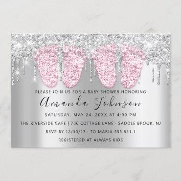 Baby Shower Drips Silver Gray Feet Twins Girls Invitation