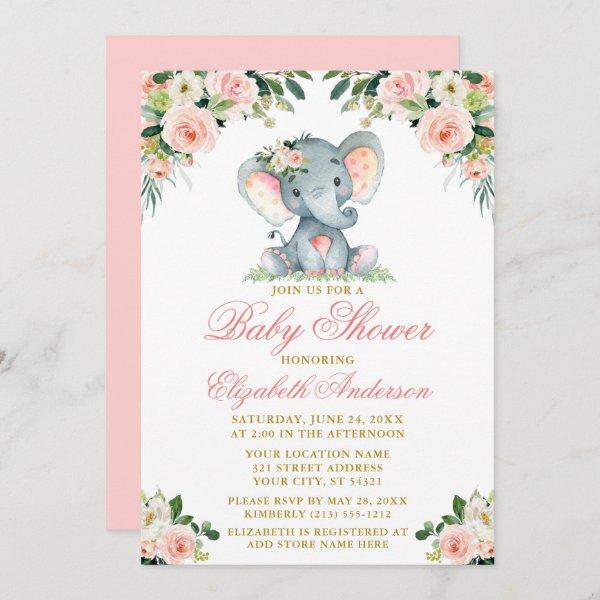 Baby Shower Elephant Watercolor Pink Floral Gold