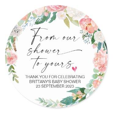 Baby Shower From Our Shower to Yours Party Favour  Classic Round Sticker