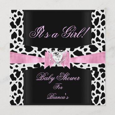 Baby Shower Girl Baby Pink Black White Cow Print Invitation