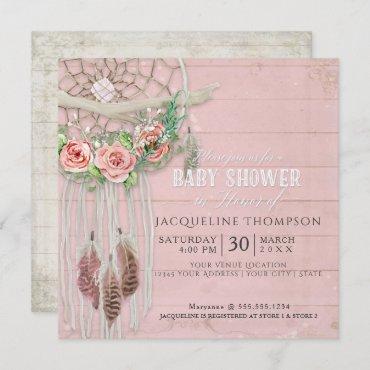 Baby Shower Girl BOHO Dream Catcher Wood Feather Invitation