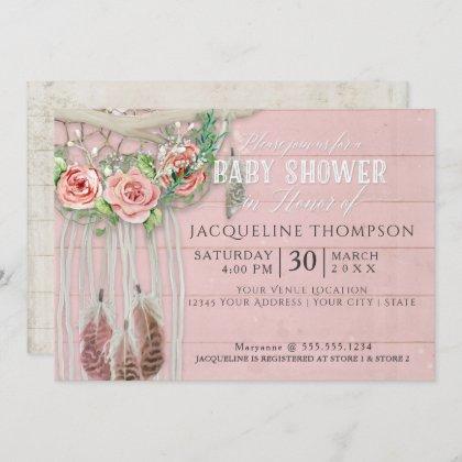 Baby Shower Girl BOHO Dream Catcher Wood Floral Invitation