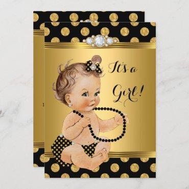 Baby Shower Girl Gold Foil Black Pearls Brunette