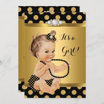 Baby Shower Girl Gold Foil Black Pearls Brunette