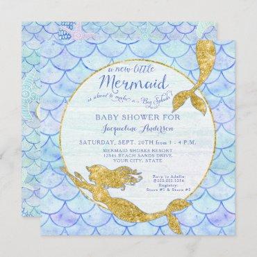 Baby Shower Girl Mermaid Watercolor Scales n Gold
