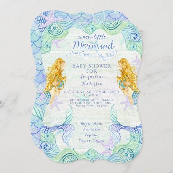 Baby Shower Girl Mermaid Watercolor Waves Wood Art