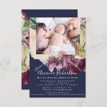 Baby Shower Girl  Photo Navy Roses Floral Invitation
