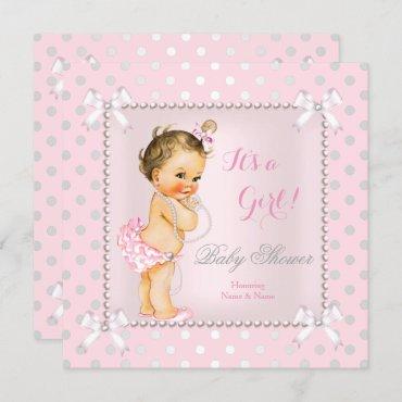 Baby Shower Girl Pink Gray Pearl Brunette Invitation