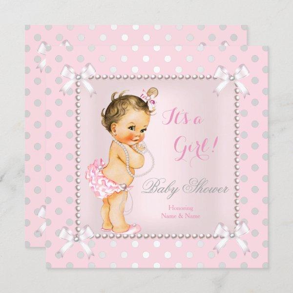 Baby Shower Girl Pink Gray Pearl Brunette