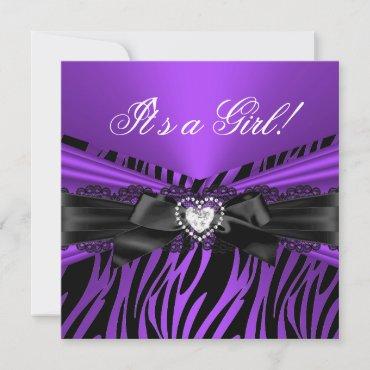 Baby Shower Girl Purple Black Lace Zebra Invitation