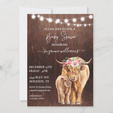 Baby Shower Highland Cow Calf Wood Rustic  Invitation
