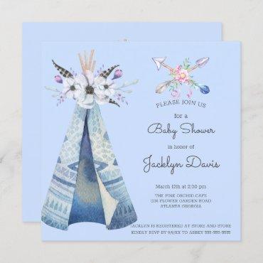 Baby Shower Indian Teepee Feathers Flowers Blue Invitation