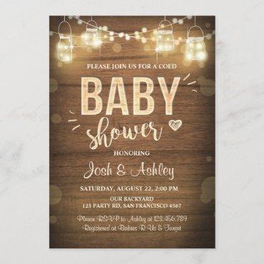 Baby shower invitation Coed Rustic Wood Mason Jars