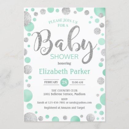 Baby Shower Invitation - Green Mint Silver Dots