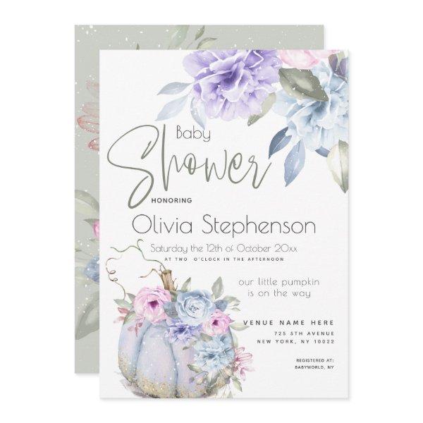 Baby Shower Lilac Blue Pumpkin Peony Floral Invita