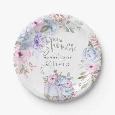 Baby Shower | Lilac Blue Pumpkin Peony Floral Paper Plates