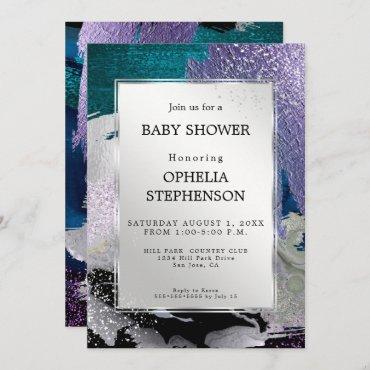 Baby Shower | Metallic Silver Teal Purple Abstract