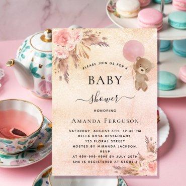 Baby shower pampas grass floral pink teddy bear