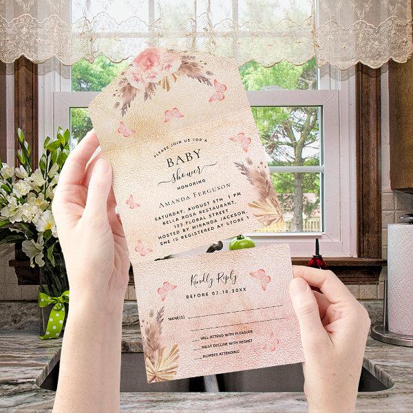 Baby Shower pampas rose gold butterfly floral RSVP All In One