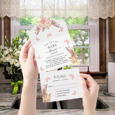 Baby Shower pampas rose gold butterfly floral RSVP All In One
