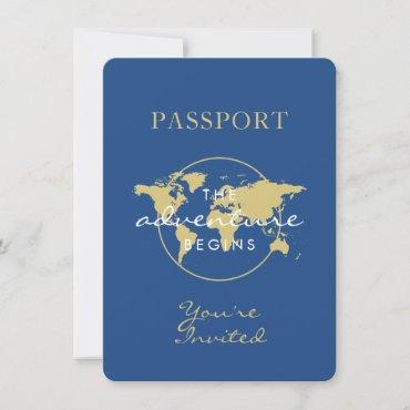 Baby Shower Passport Travel Theme Blue Gold Invitation