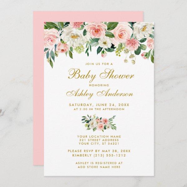 Baby Shower Pink Floral White Gold Invite P