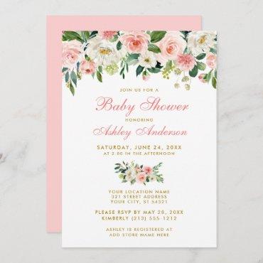 Baby Shower Pink Floral White Gold Invite Pk