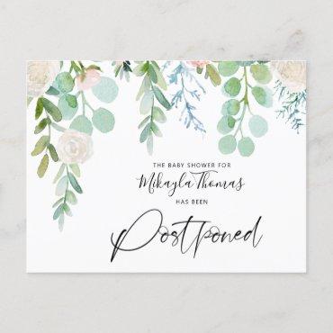 Baby Shower Postponed Watercolor Floral Greenery Announcement Postcard