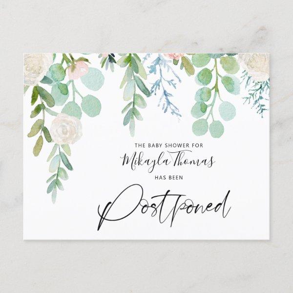 Baby Shower Postponed Watercolor Floral Greenery Announcement Postcard