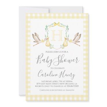 Baby Shower Preppy Gingham Stork Neutral Yellow