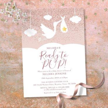 Baby Shower Ready to Pop Stork Rose Gold Glitter