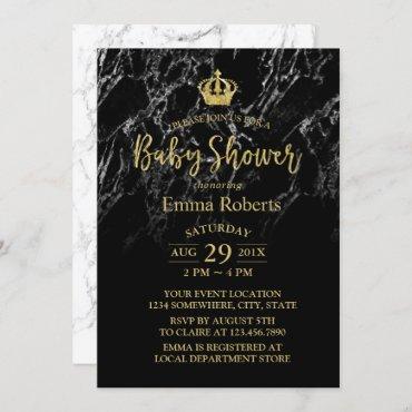 Baby Shower Royal Gold Crown Elegant Black Marble Invitation
