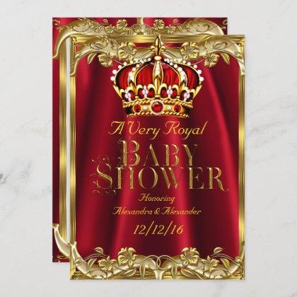Baby Shower Royal Regal Red Gold Crown Invitation