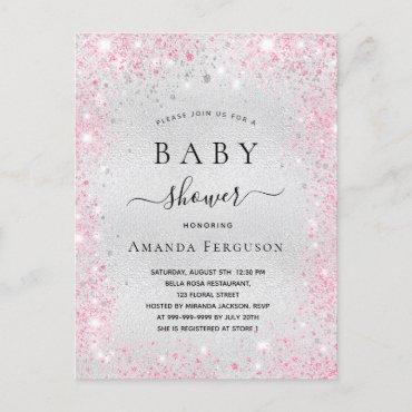 Baby shower silver glitter dust pink girl  invitation postcard