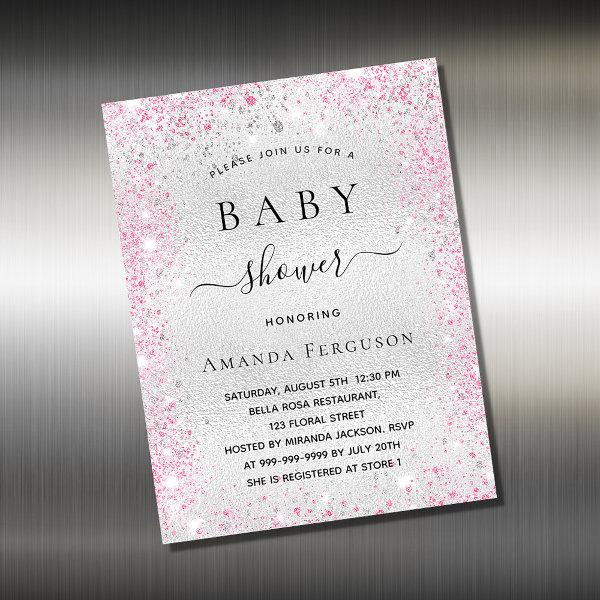 Baby shower silver glitter pink  magnet