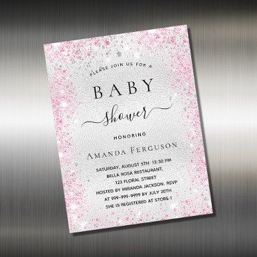 Baby shower silver glitter pink  magnet