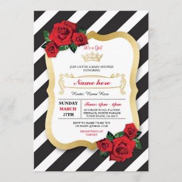 Baby Shower Stripe Black Rose Crown Girl Invite