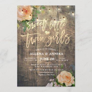 Baby Shower Sweet Little Twin Girls Flowers Wood Invitation