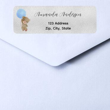Baby Shower teddy bear blue silver return address Label