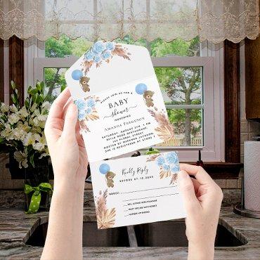 Baby Shower teddy pampas blue boy floral RSVP All In One