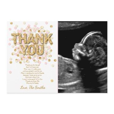 Baby Shower Thank You Card Confetti Gold pink girl