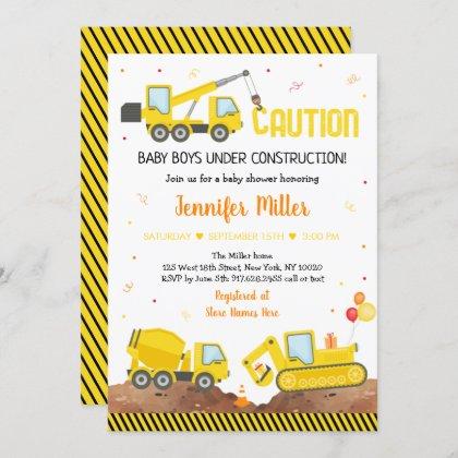 Baby Under Construction Twin Boy Truck Baby Shower Invitation