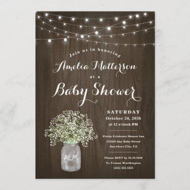 Babys Breath Mason Jar Rustic Wood Baby Shower Invitation